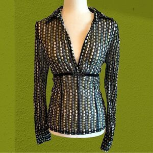 90s vintage Mexx mesh collared shirt deep v neck buckle  detail
